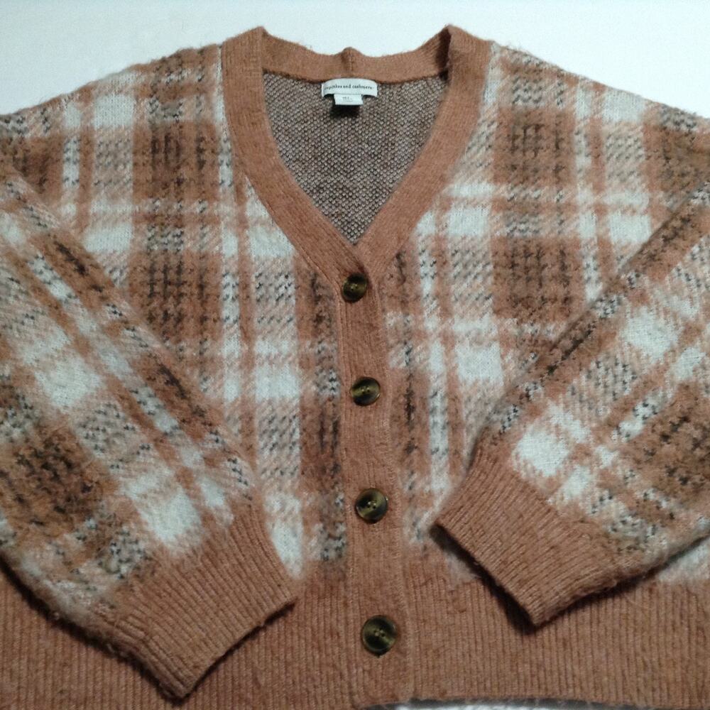 Cupcakes & Cashmere Sweater Womens L Brushed Plaid Boyfriend Cardigan Dusty Rose